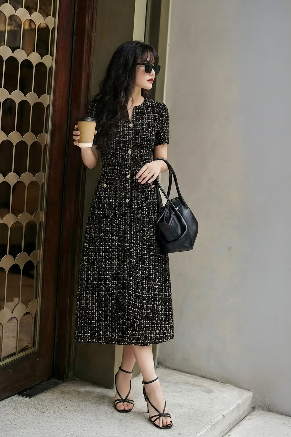 Đầm tweed dáng chữ A phối nút