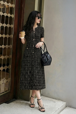 Đầm tweed dáng chữ A phối nút