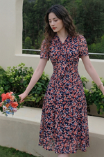 Đầm voan hoa dáng xòe cổ phối nơ