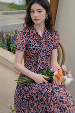 Đầm voan hoa dáng xòe cổ phối nơ