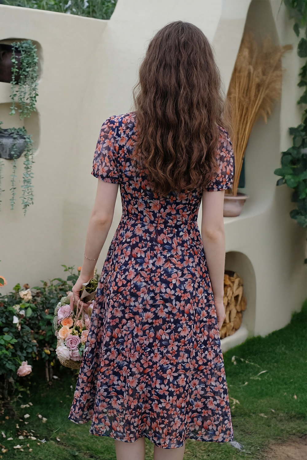 Đầm voan hoa dáng xòe cổ phối nơ