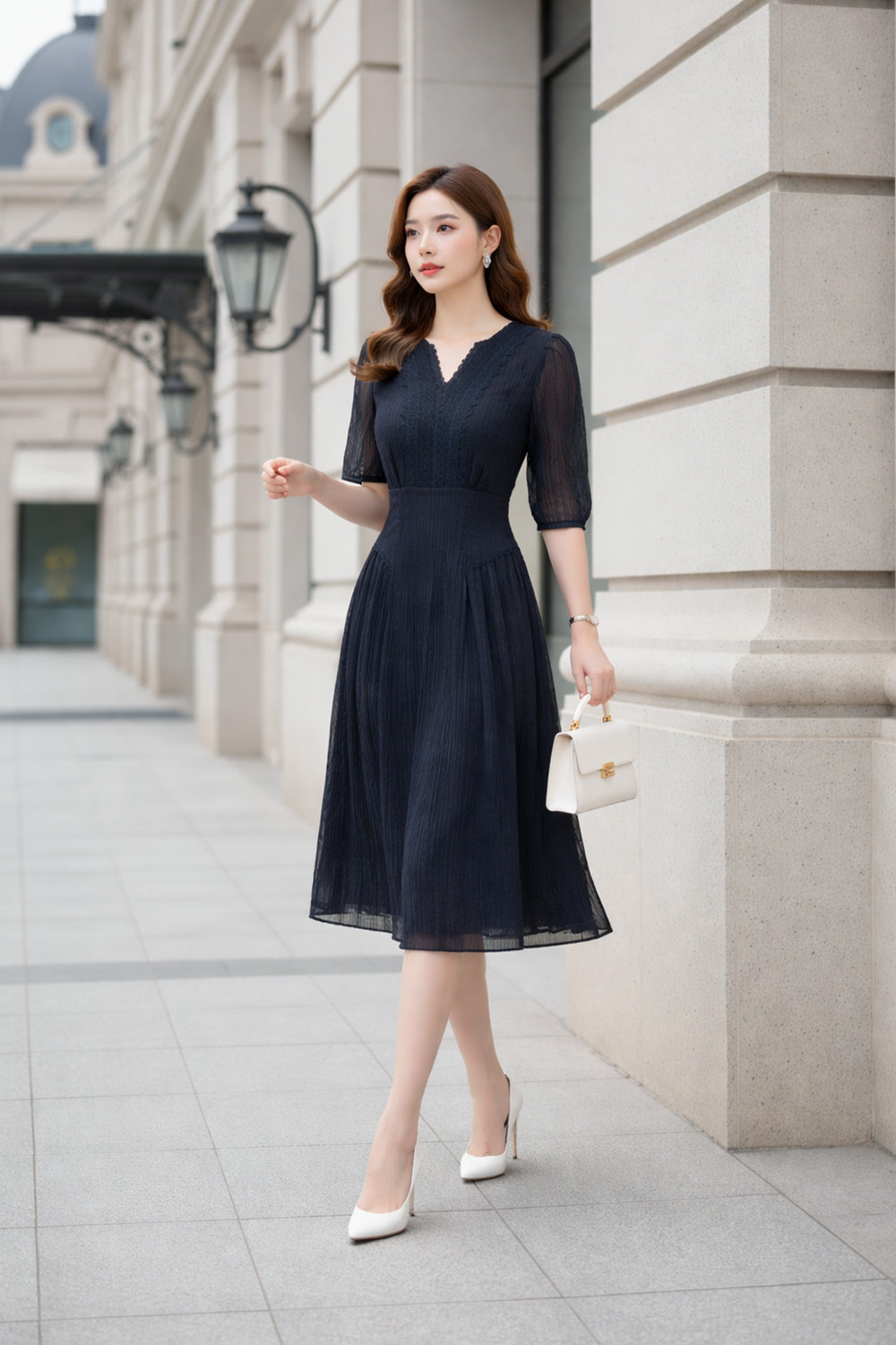 Đầm xòe tơ cổ V phối ren tay lỡ