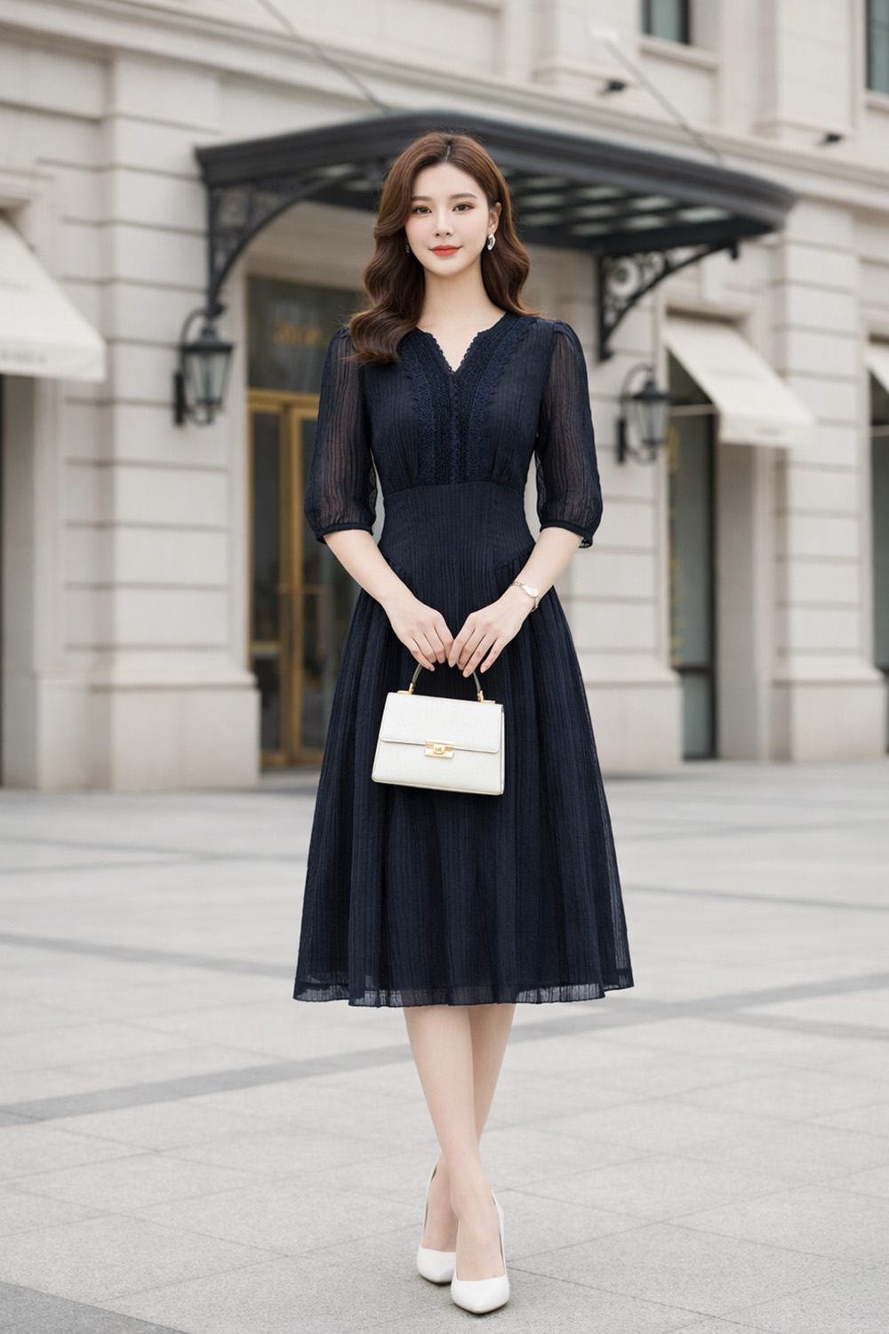 Đầm xòe tơ cổ V phối ren tay lỡ