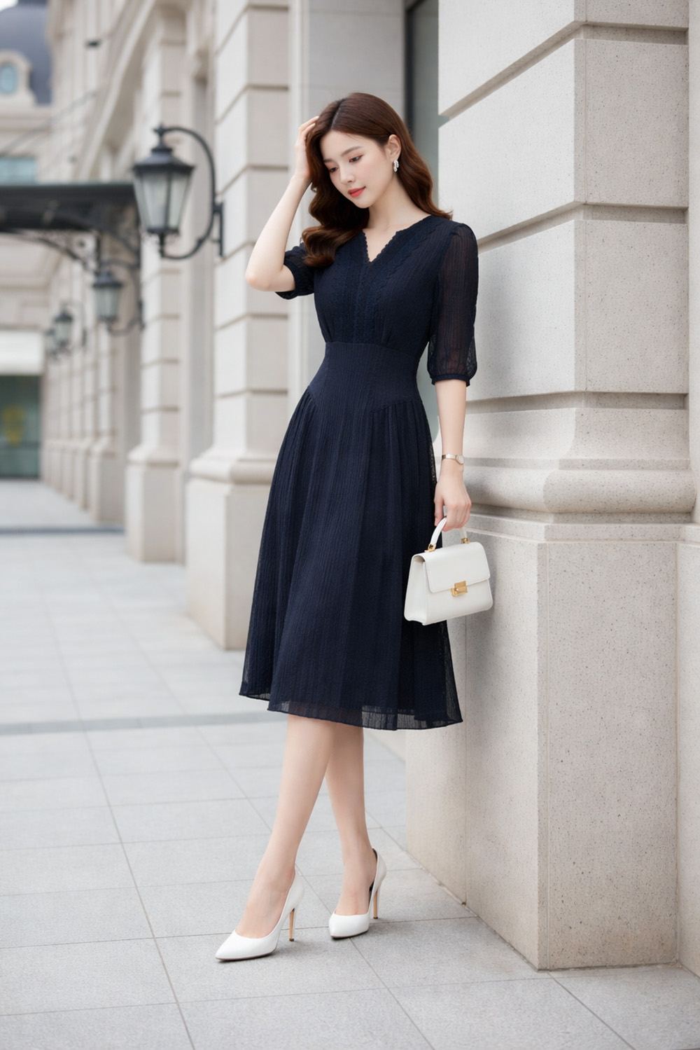 Đầm xòe tơ cổ V phối ren tay lỡ