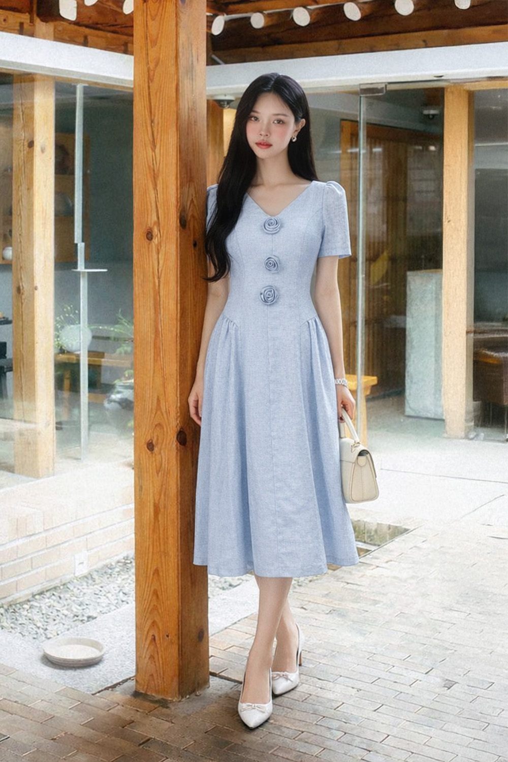 Đầm xòe xanh dáng dài cổ V đính hoa