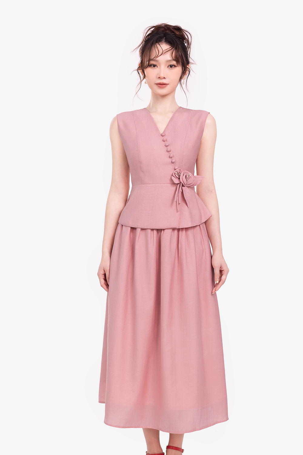 Chân váy xòe dài màu hồng