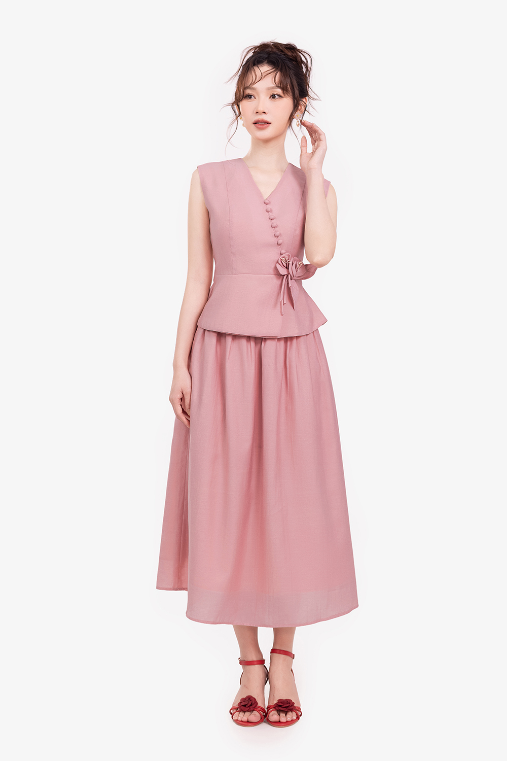 Chân váy xòe dài màu hồng
