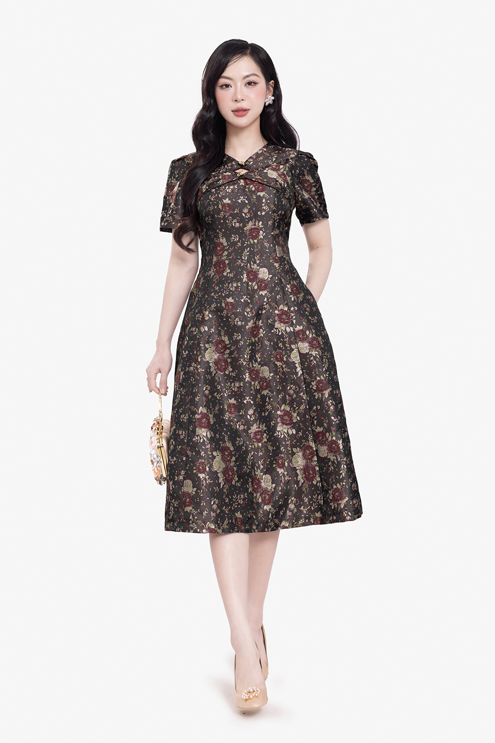 Đầm hoa tafta dự tiệc dáng xòe