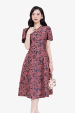 Đầm xòe tafta dự tiệc màu hồng hoa xanh