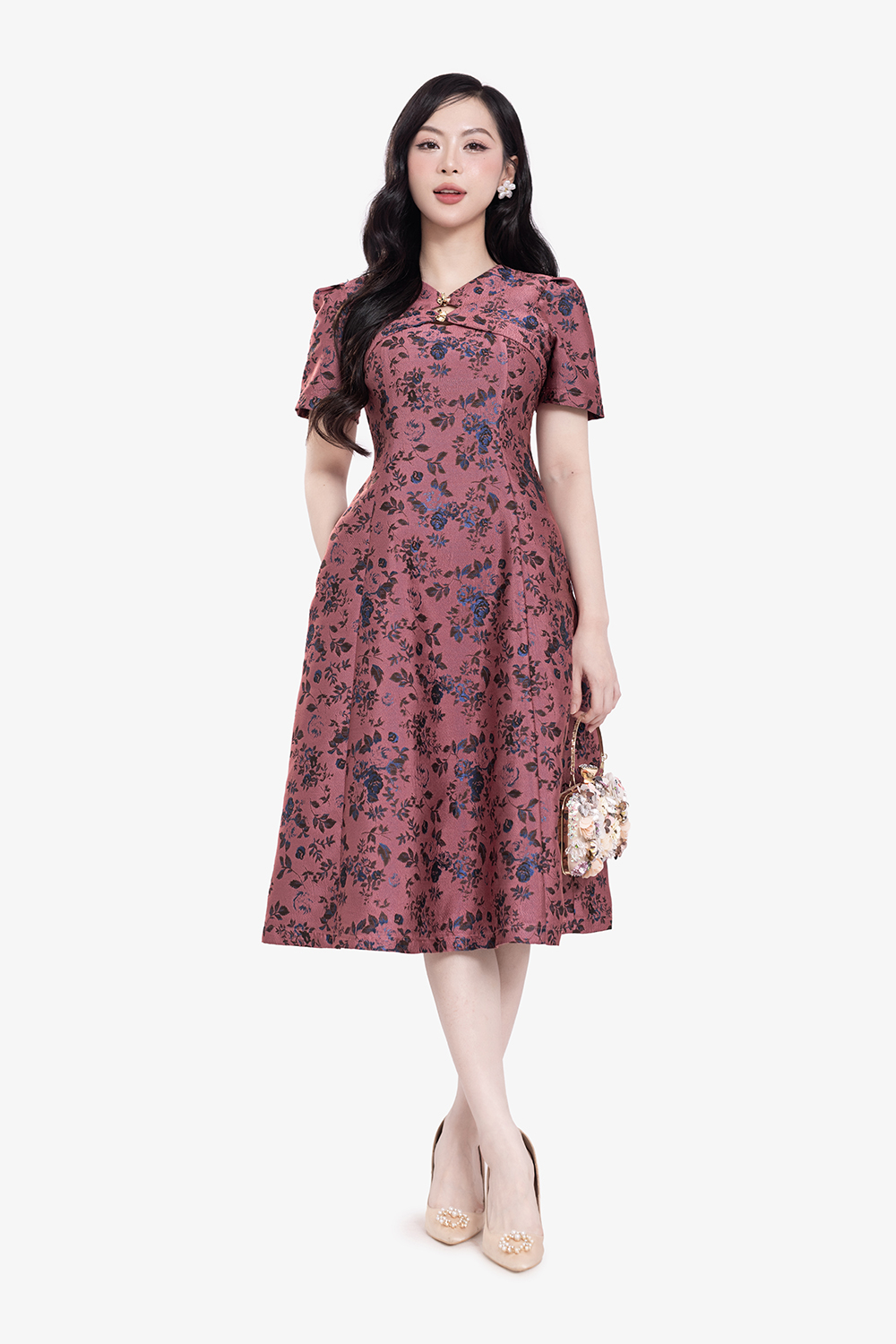 Đầm xòe tafta dự tiệc màu hồng hoa xanh