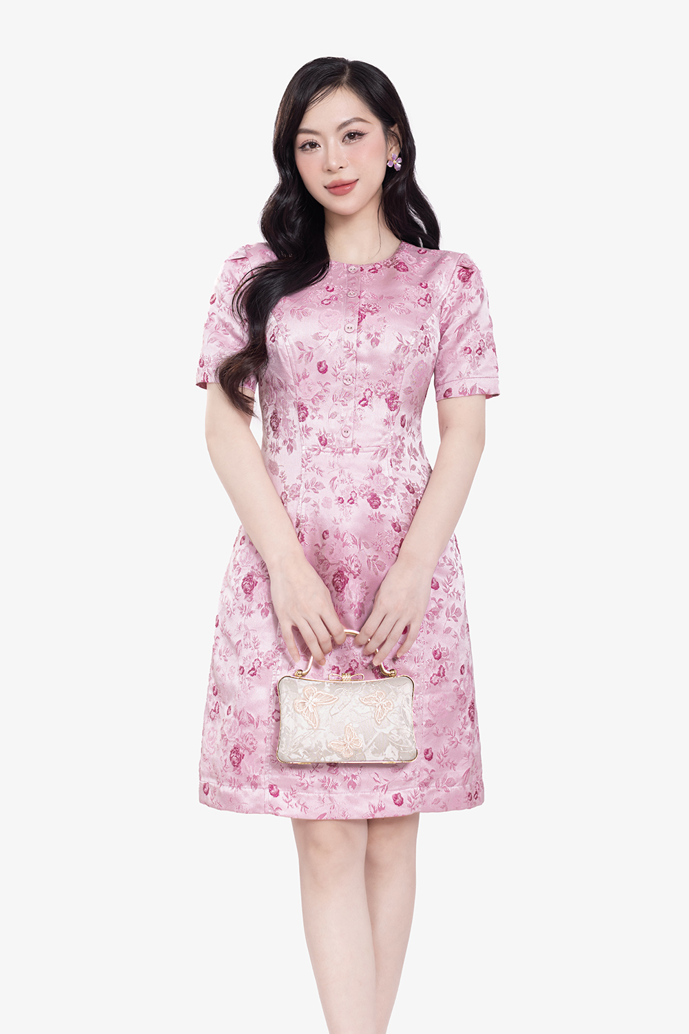 Đầm hoa tafta dáng suông A ngang gối