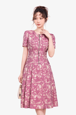 Đầm hoa hồng tafta phối khóa kéo trước