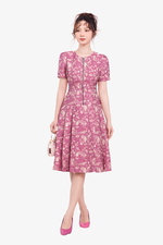 Đầm hoa hồng tafta phối khóa kéo trước