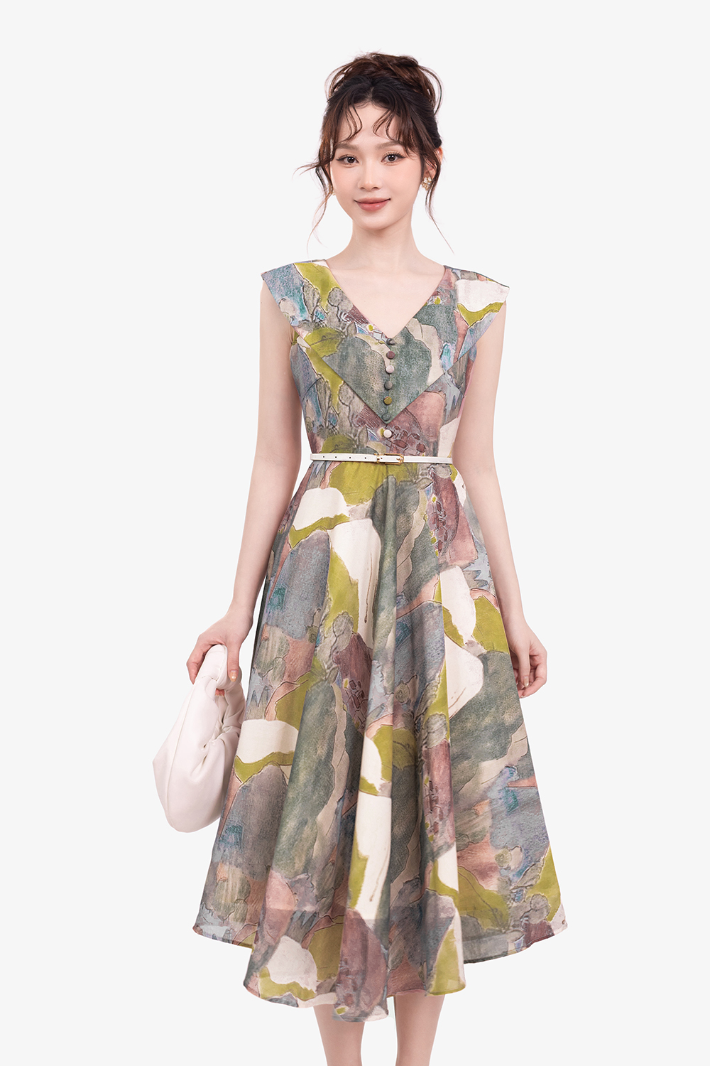 Đầm dài họa tiết tay chờm cổ V dáng xòe