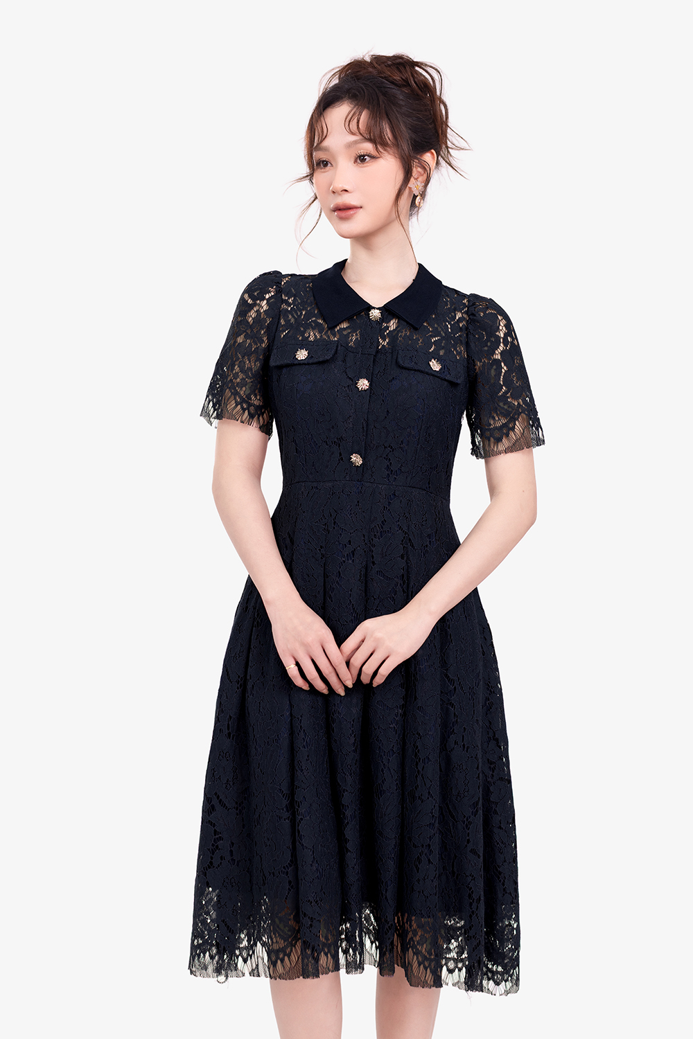 Đầm ren xanh đen xòe cổ sơ mi đính nút