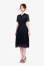 Đầm ren xanh đen xòe cổ sơ mi đính nút