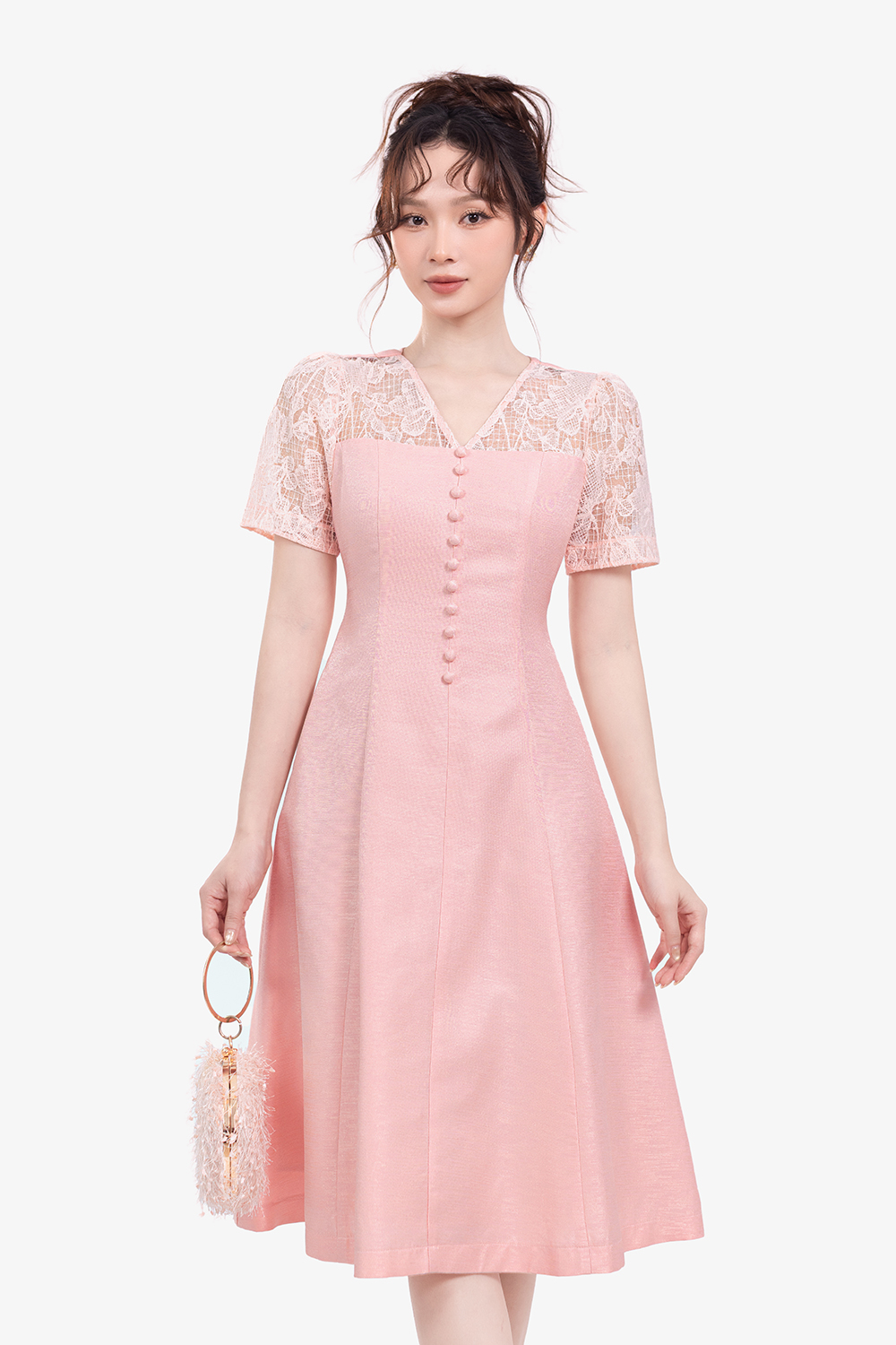 Đầm hồng tafta phối ren dáng xòe