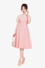 Đầm hồng tafta phối ren dáng xòe