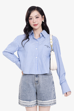 Quần short jean màu xanh lai phối ren