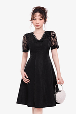 Đầm đen phối ren dáng xòe cổ V