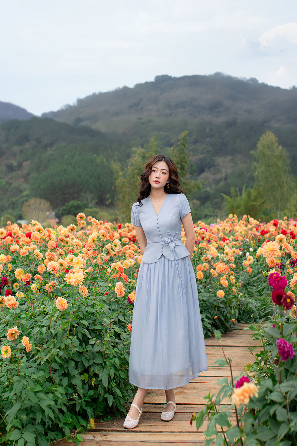 Áo kiểu nữ peplum màu xanh đính hoa ASM30-12