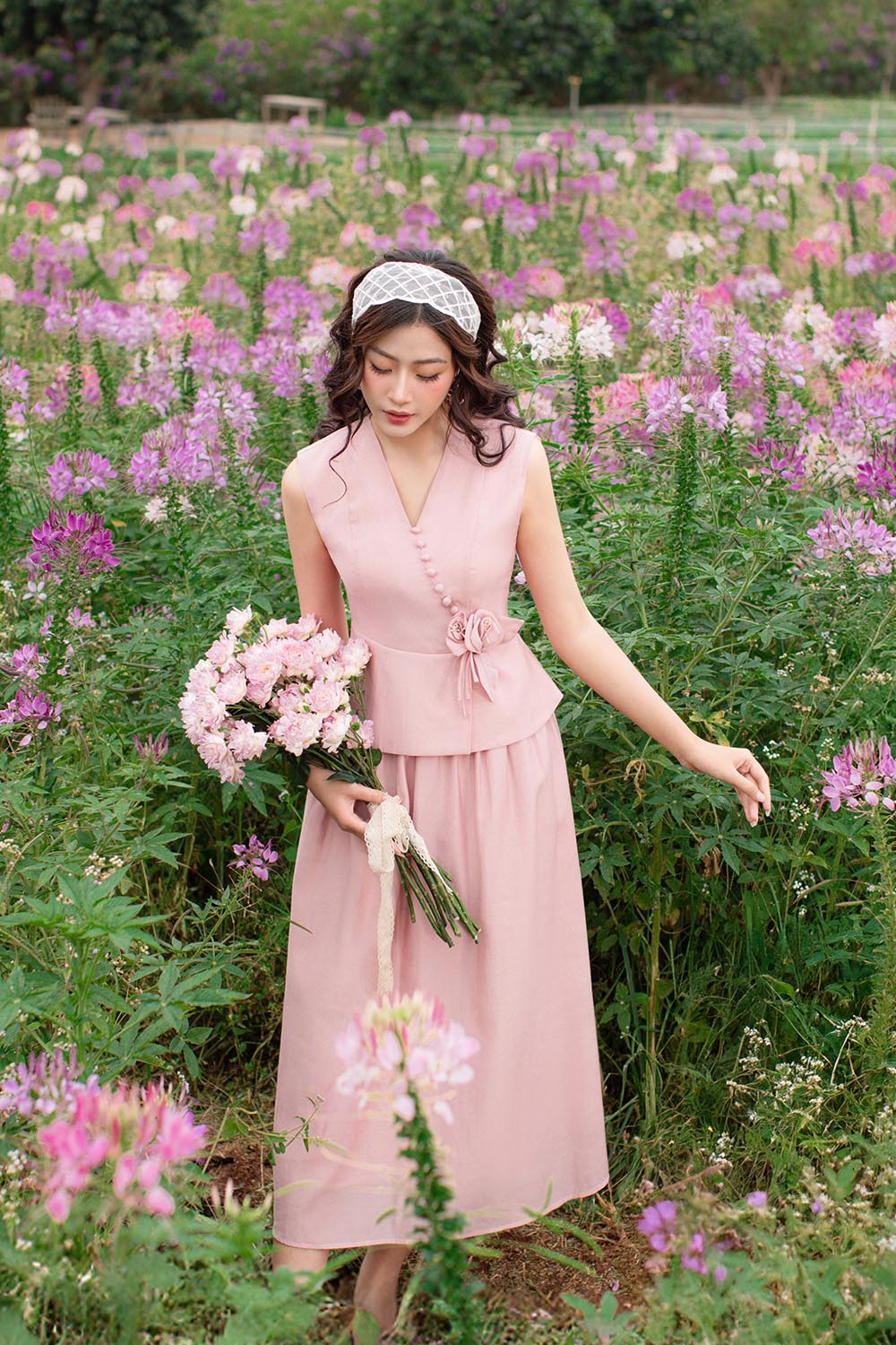 Chân váy xòe dài màu hồng