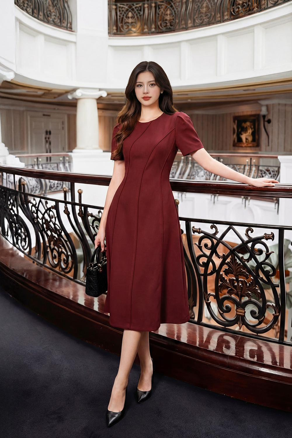 Đầm đỏ công sở dáng xòe