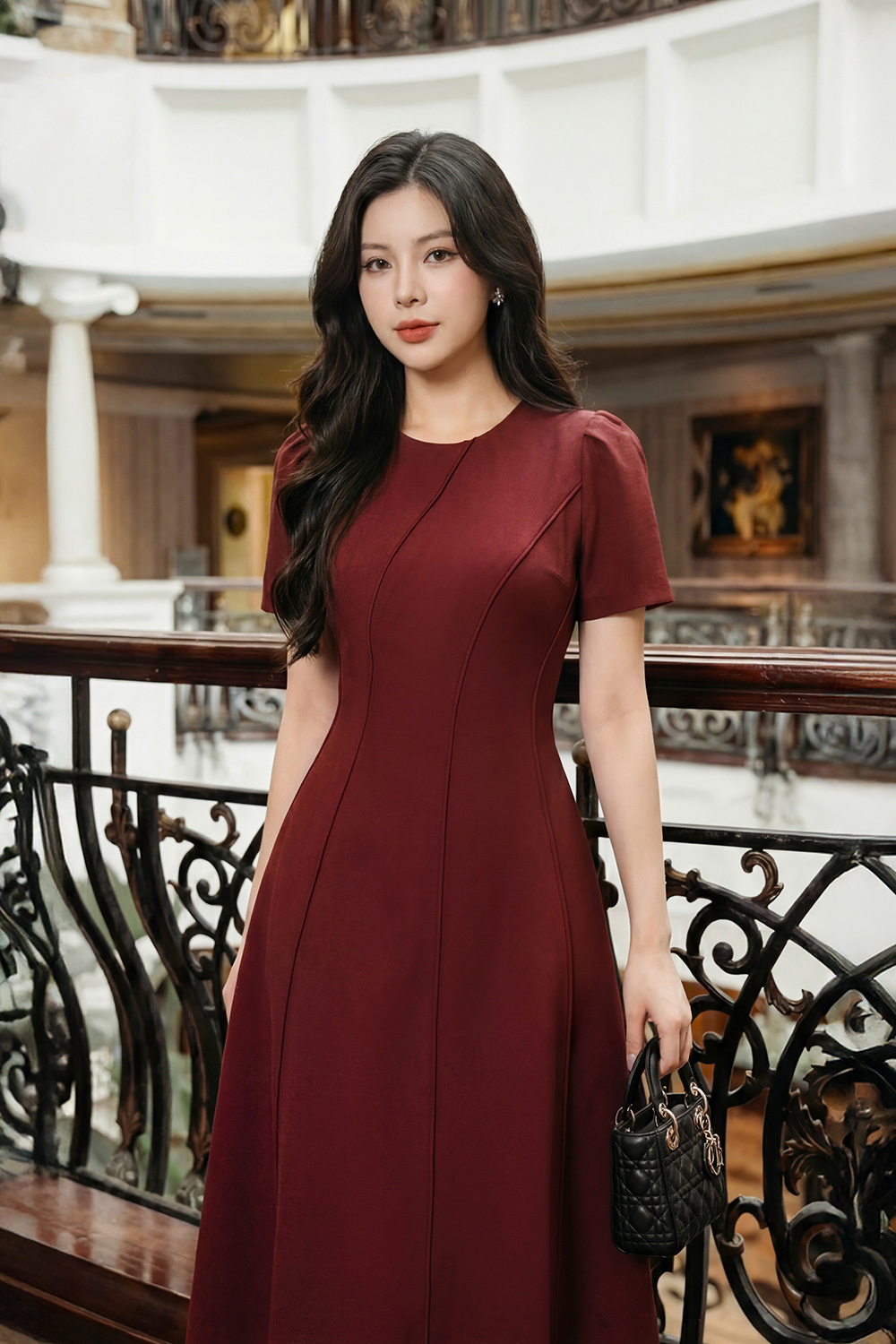 Đầm đỏ công sở dáng xòe