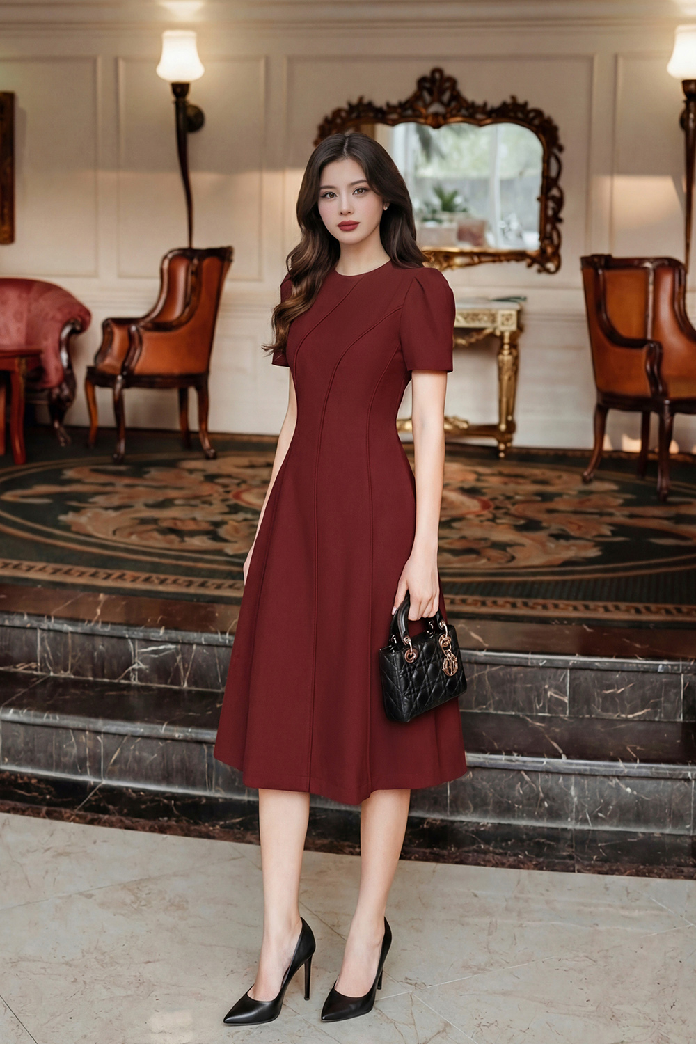 Đầm đỏ công sở dáng xòe