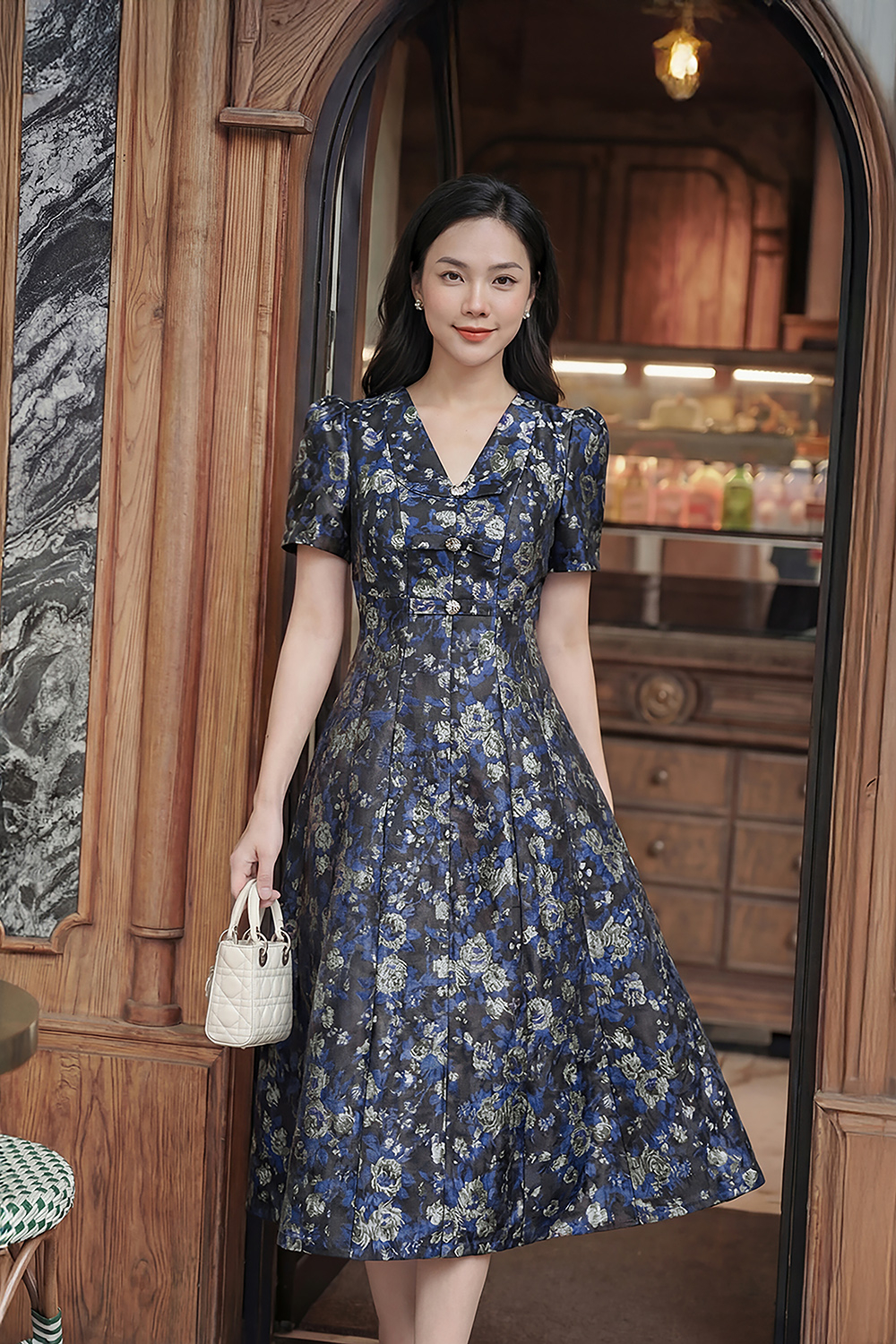 Đầm dự tiệc tafta hoa dáng xòe