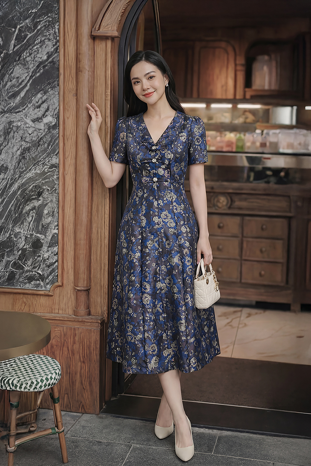 Đầm dự tiệc tafta hoa dáng xòe