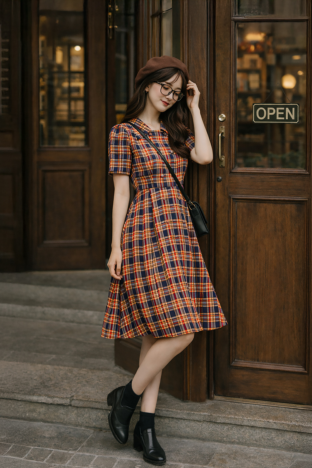 Đầm họa tiết caro dáng chữ A