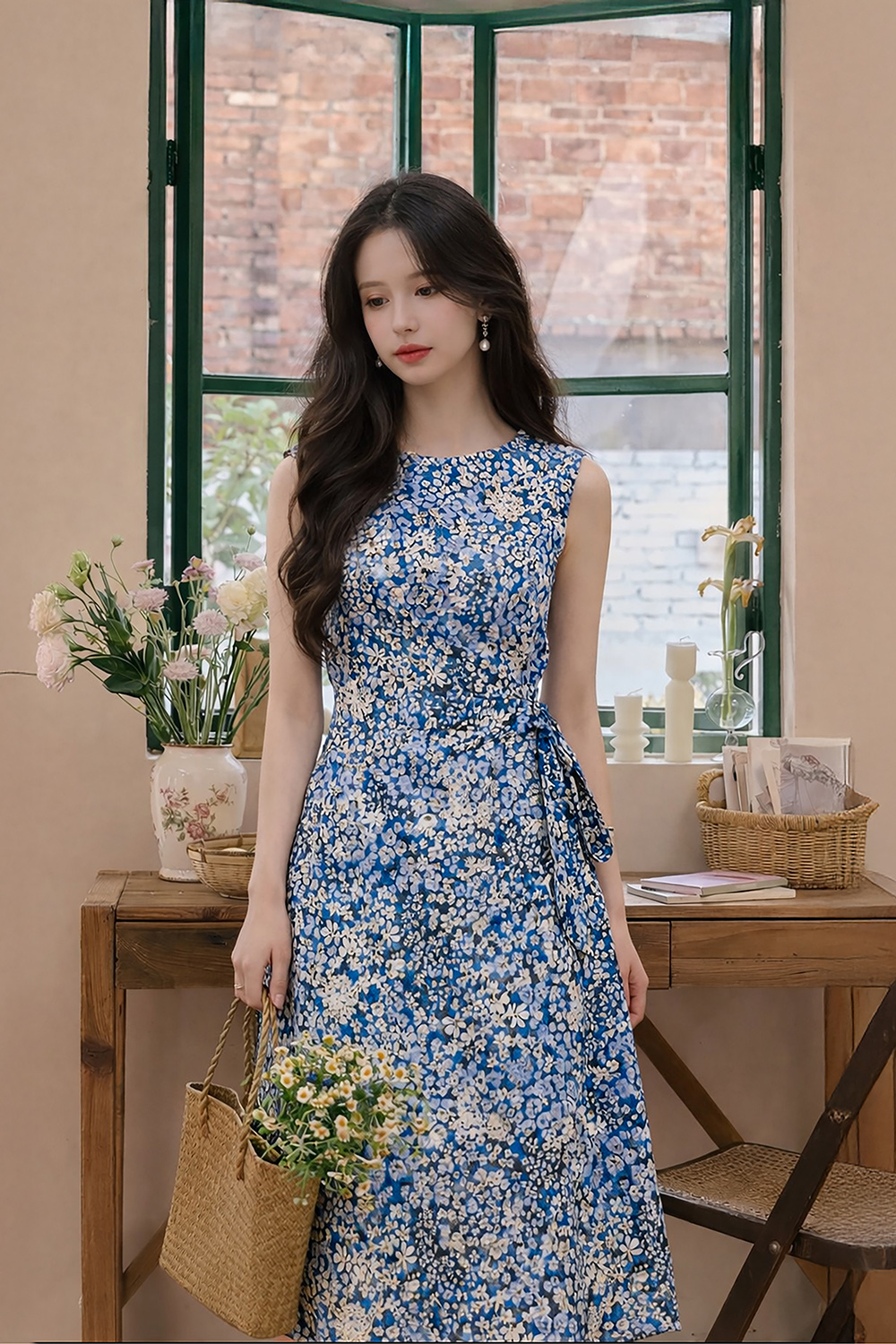 Đầm hoa nhí chữ A màu xanh sát nách