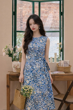 Đầm hoa nhí chữ A màu xanh sát nách