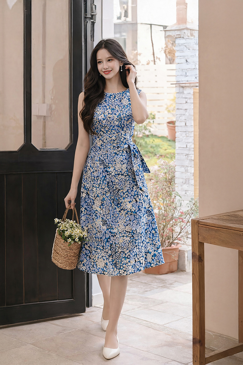 Đầm hoa nhí chữ A màu xanh sát nách