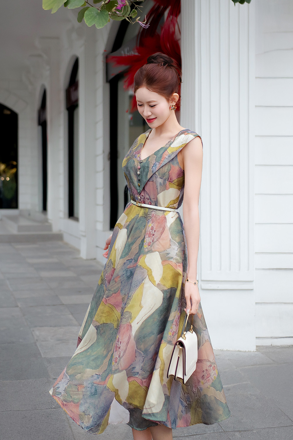 Đầm dài họa tiết tay chờm cổ V dáng xòe