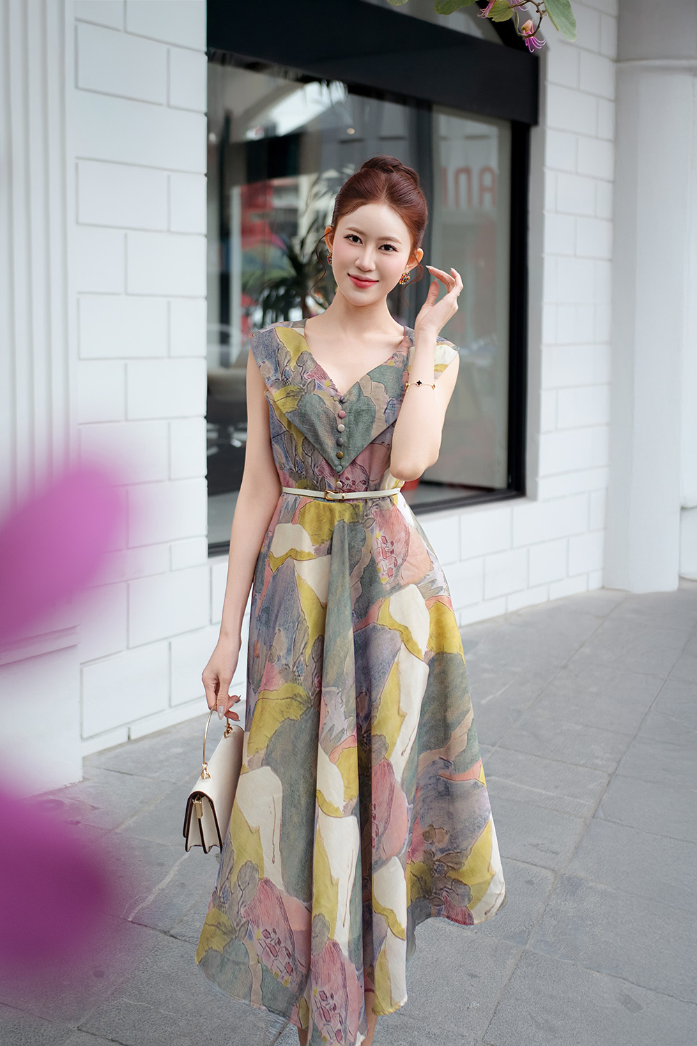 Đầm dài họa tiết tay chờm cổ V dáng xòe