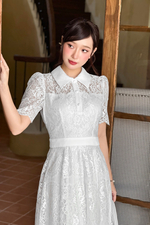 Đầm ren trắng cổ sơ mi dáng xòe