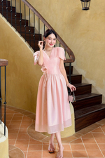 Đầm xòe màu hồng phối tơ đính hoa