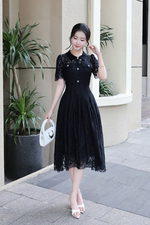 Đầm ren xanh đen xòe cổ sơ mi đính nút