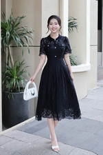 Đầm ren xanh đen xòe cổ sơ mi đính nút