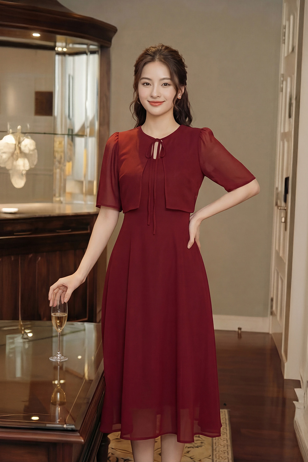 Đầm đỏ chiffon dáng xòe phối áo khoác