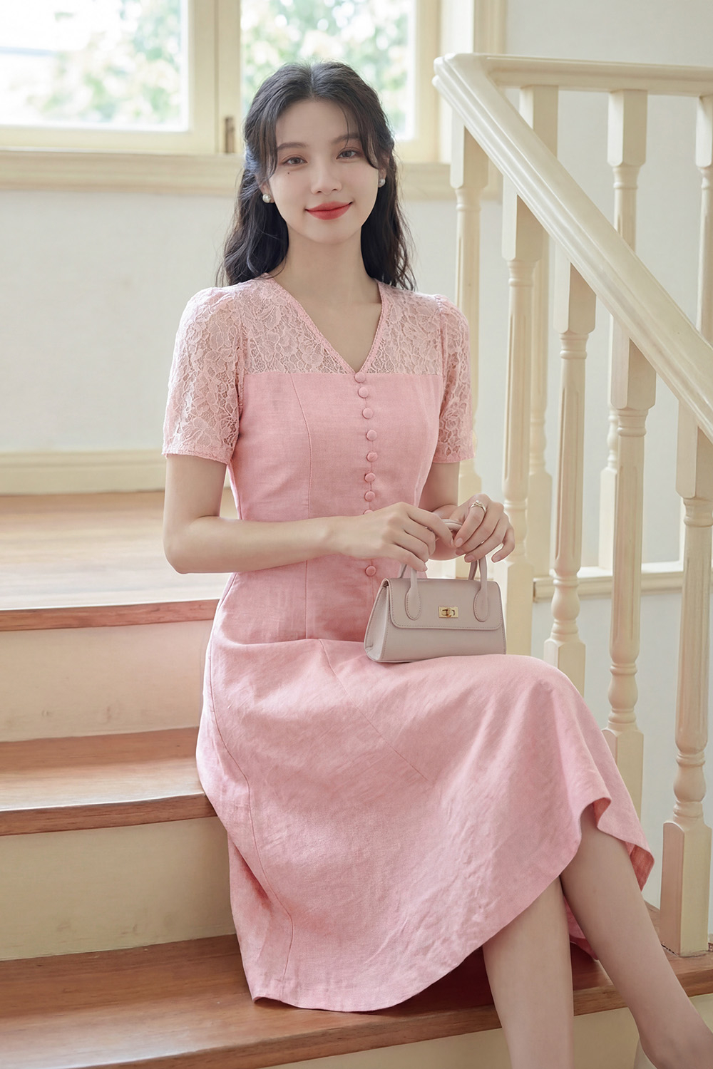 Đầm hồng tafta phối ren dáng xòe