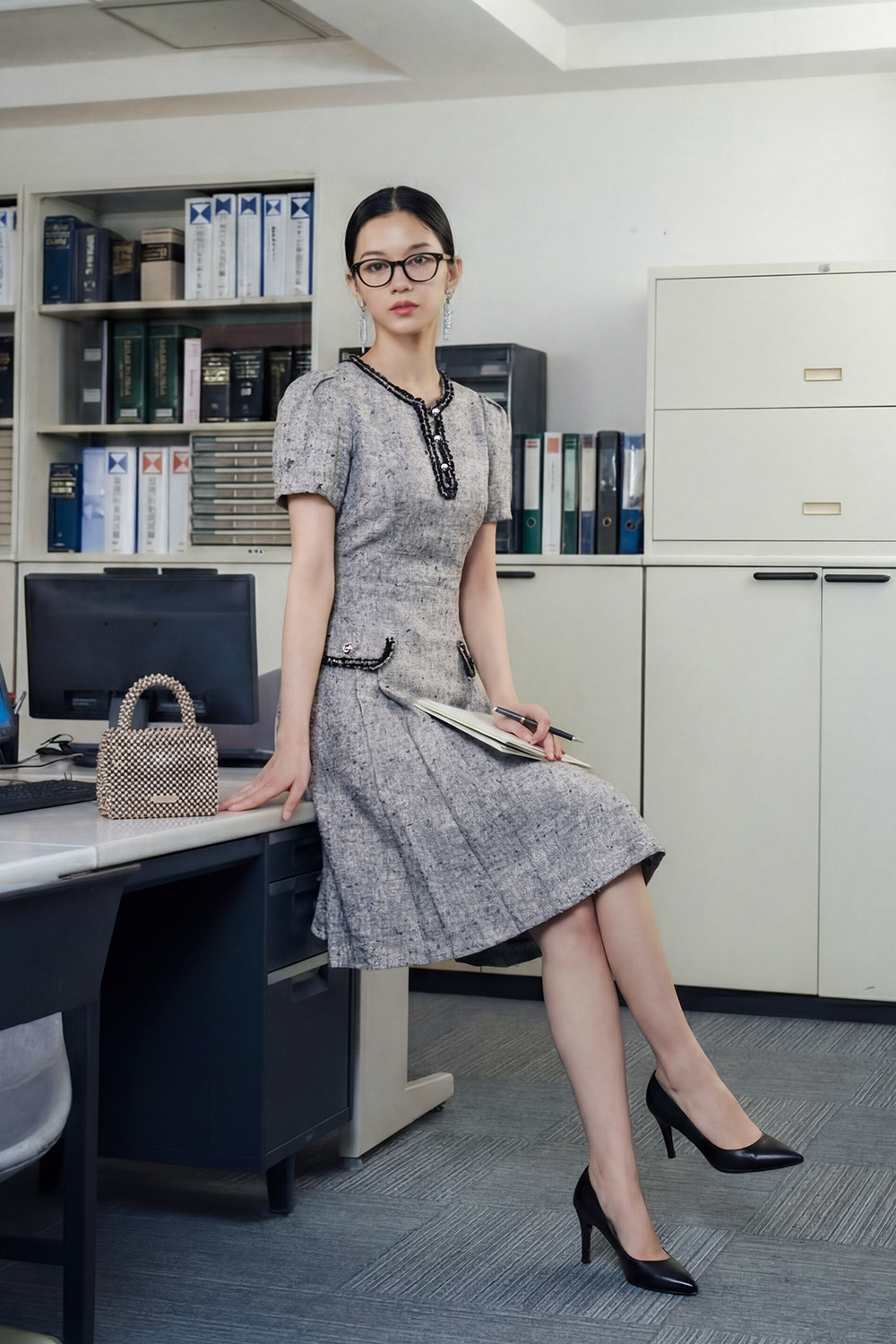 Đầm công sở chữ A xếp ly phối đen