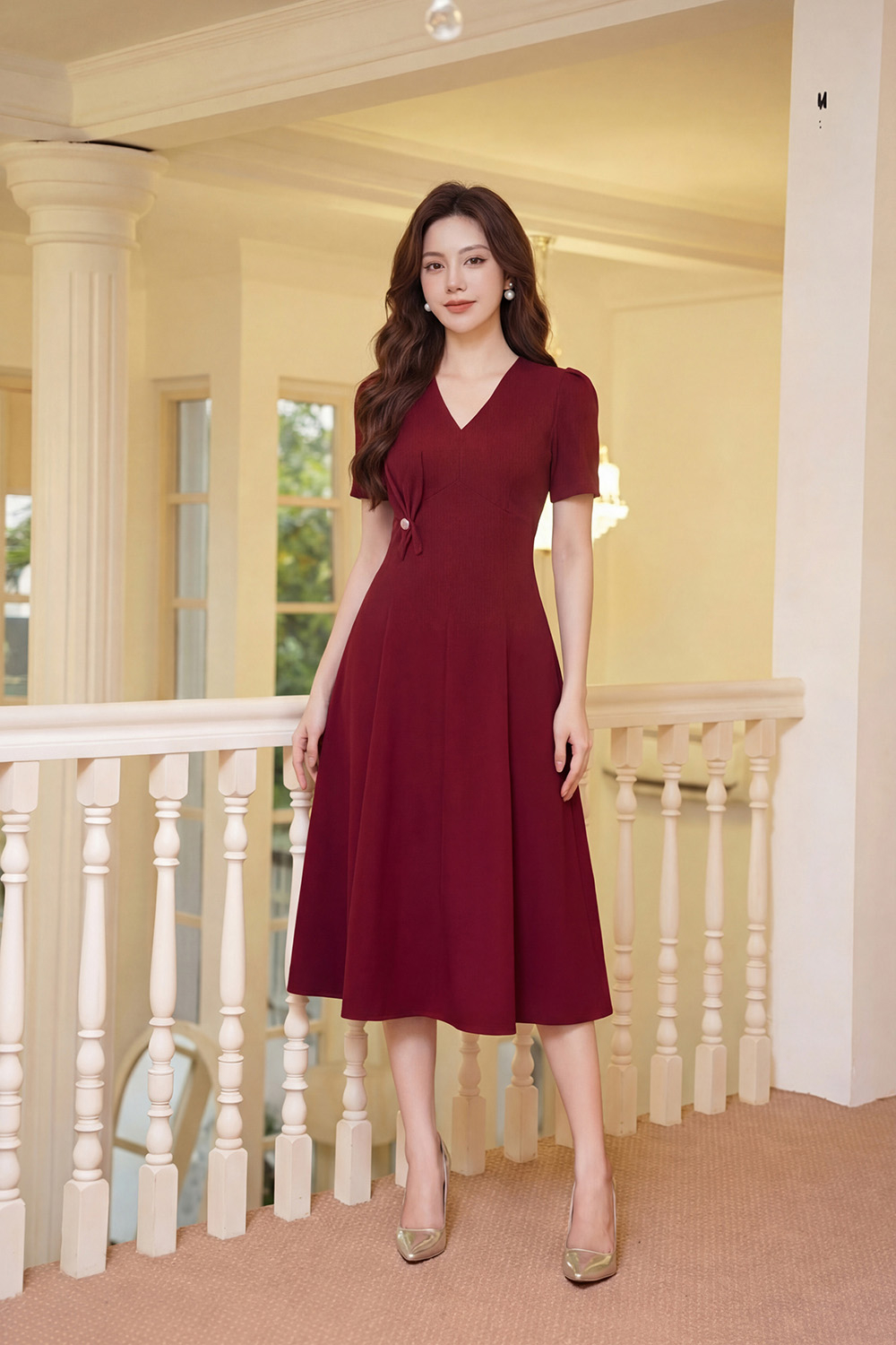 Đầm đỏ dự tiệc dáng xòe đính hoa