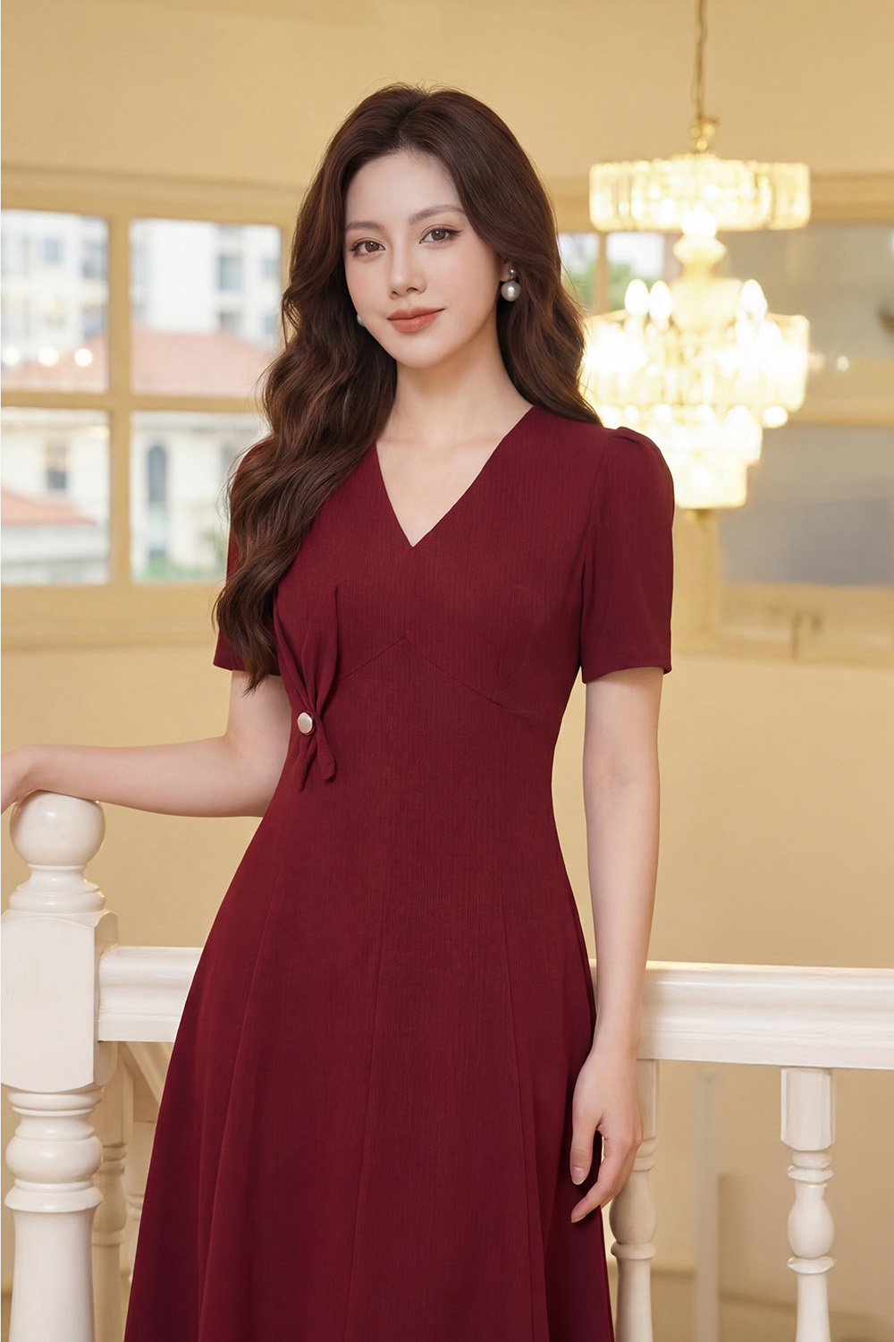 Đầm đỏ dự tiệc dáng xòe đính hoa