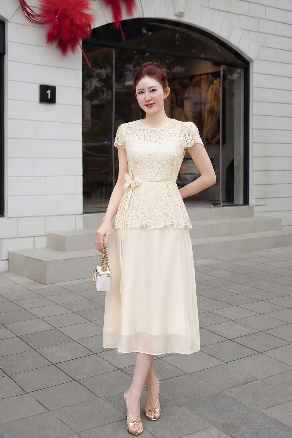 Đầm dự tiệc trắng kem dáng xòe phối ren