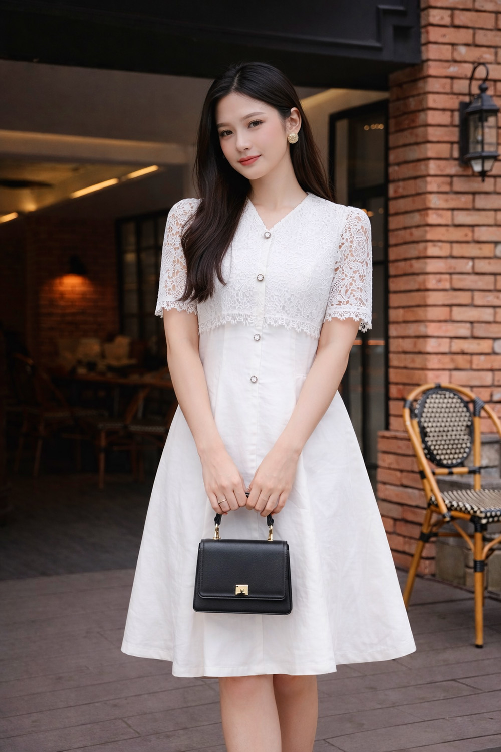 Đầm trắng tafta phối ren