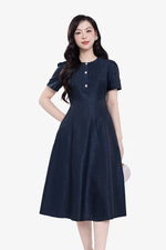 Đầm xòe màu xanh đen cổ xếp ly