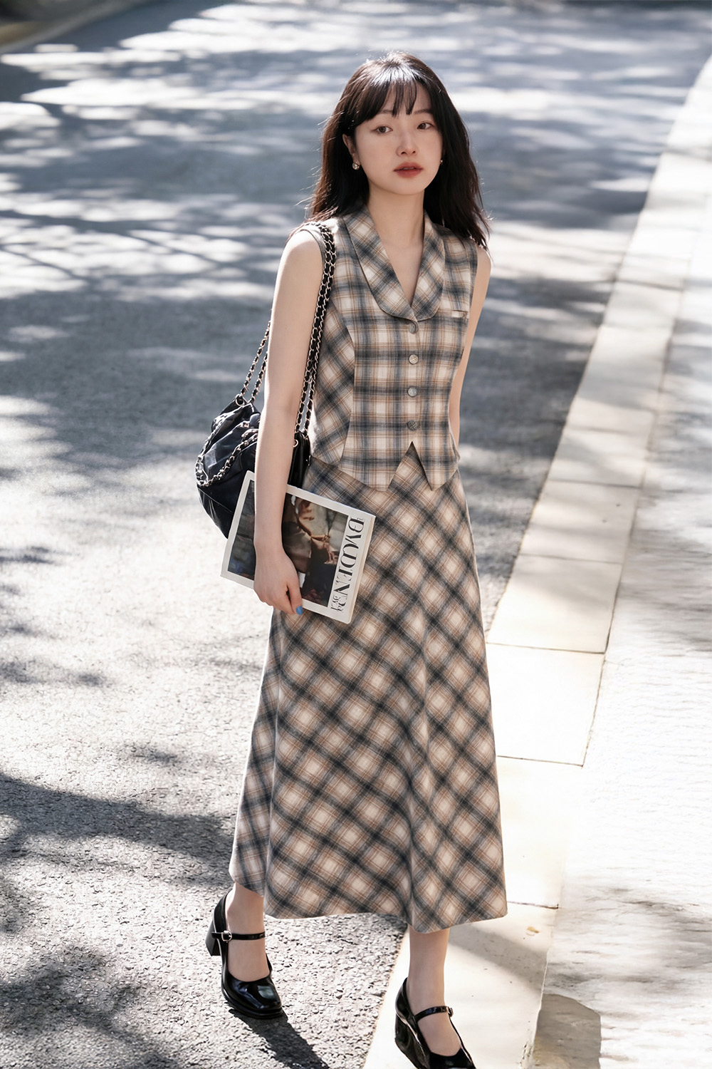 Áo gile họa tiết caro